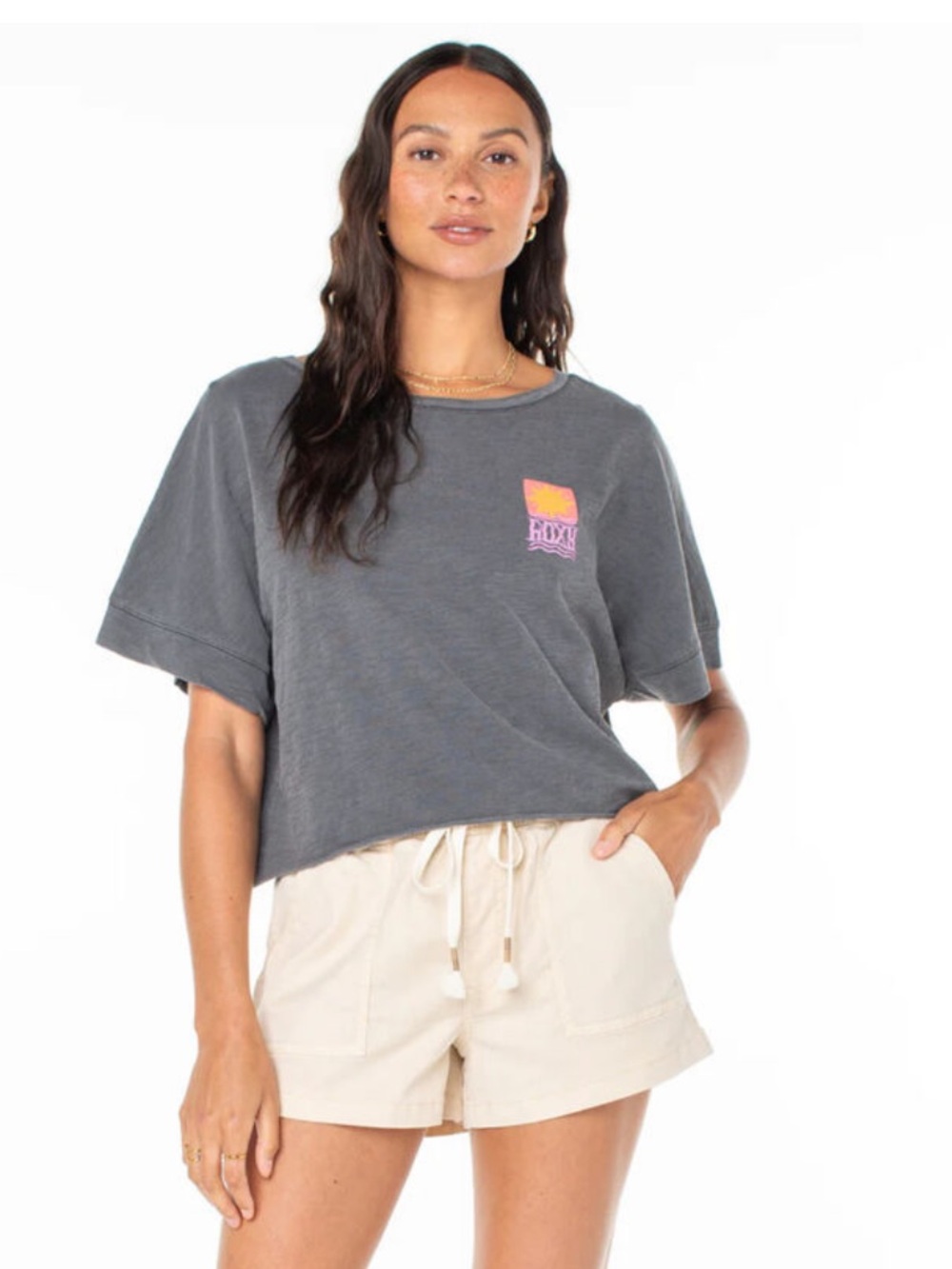 Roxy Women's Large Sun Stamps Tee T-Shirt Grey NWT Boxy Cropped 100% Cotton